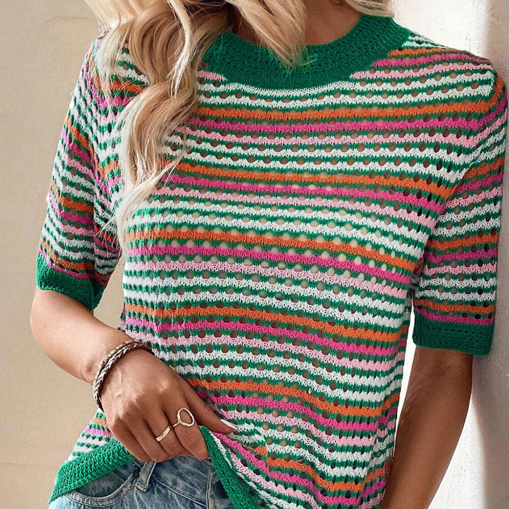 NWOT Dark Green Striped Pattern Contrast Trim Pointelle Knit T Shirt